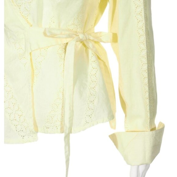 Swarri Wrap Top Womens Large Yellow Eyelet V Neck French Cuffed Cotton - Picture 3 of 9